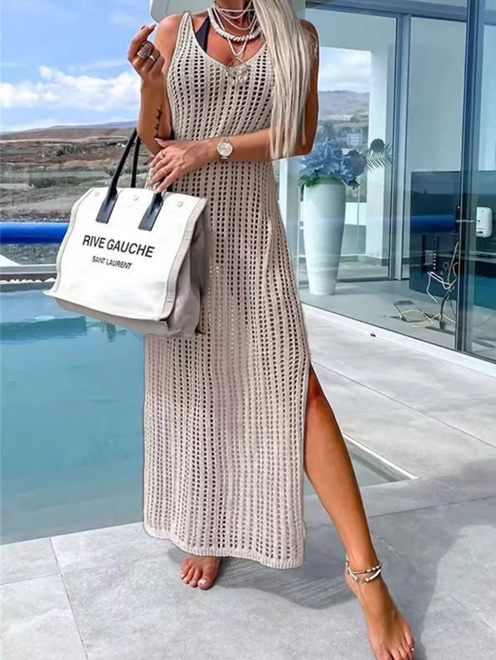 Beige Openwork Slit Cutout Wide Strap Dress